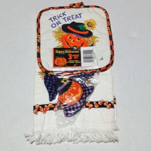Vtg Cecil Saydah Halloween 3 Pc Kitchen Towel Set-Jack O Lantern-Pot Holder-NEW